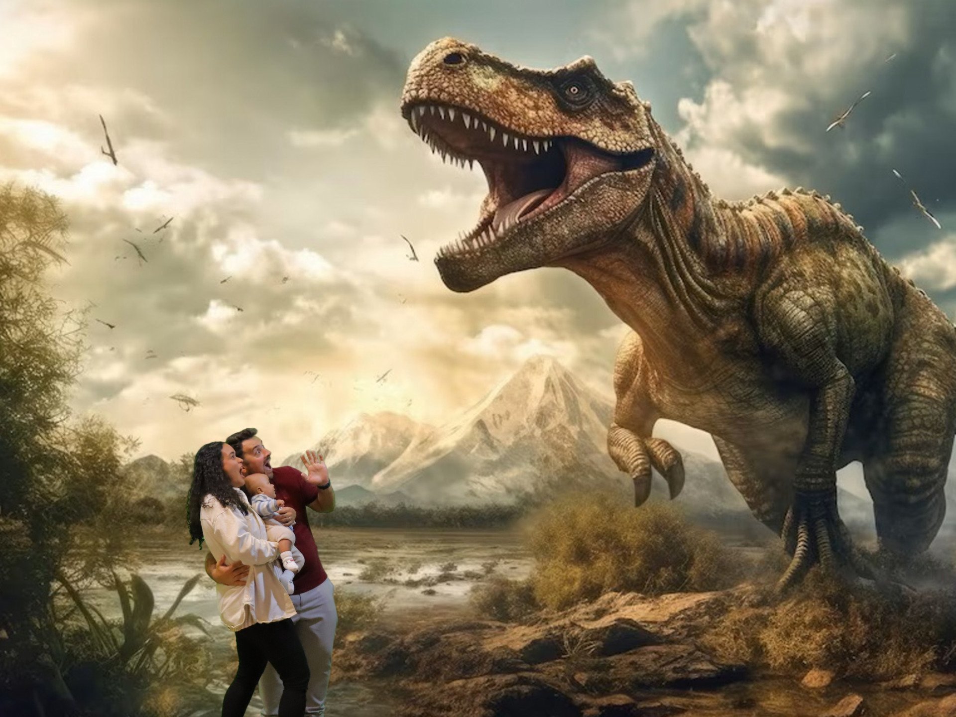 Bella, her partner and their little one beaming as a friendly T-Rex looms behind them — Bella's Bunch energy in one frame.
