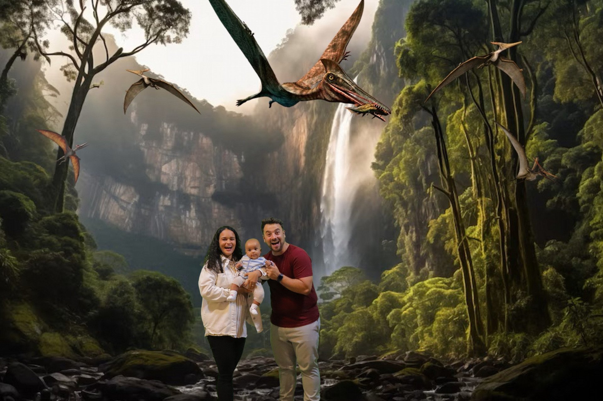 Bella's family laughing together by a jungle waterfall while pterodactyls glide overhead — tiny adventures, big smiles.